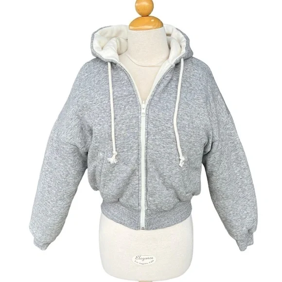 Madewell MWL Reversible Puffer Hoodie Jacket Gray Cream XXS Cropped Thick GUC